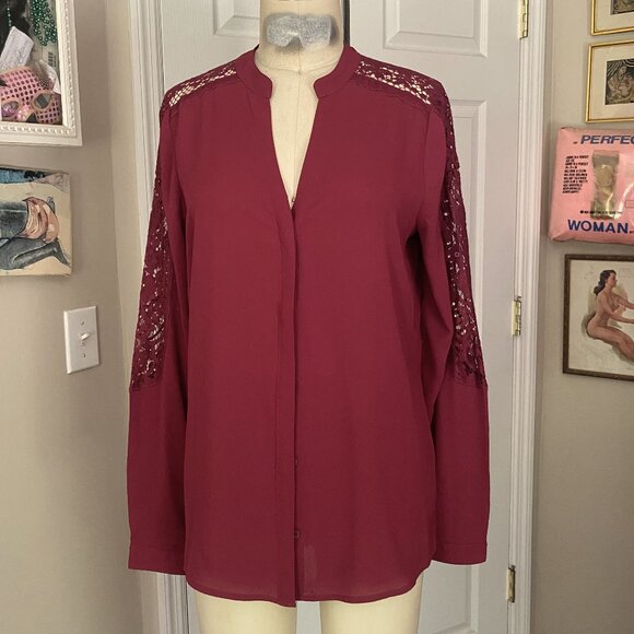 EXPRESS Burgundy Silky Crochet lace Sleeves V-neck Tunic Shirt *SMALL* - Picture 1 of 5